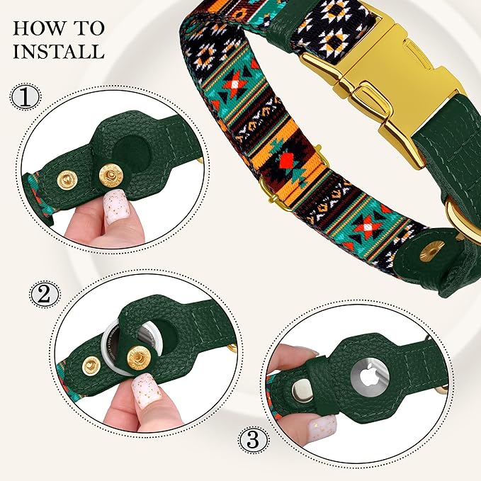 AirTag Dog Collar for Small Medium Large Breed - Adjustable Cute Pattern Dog Collar with Airtag Holder - Soft Leather Tracker GPS Apple Air Tag Pet Collars (X-Small, 9"-12" Neck Fit, Tribal)
