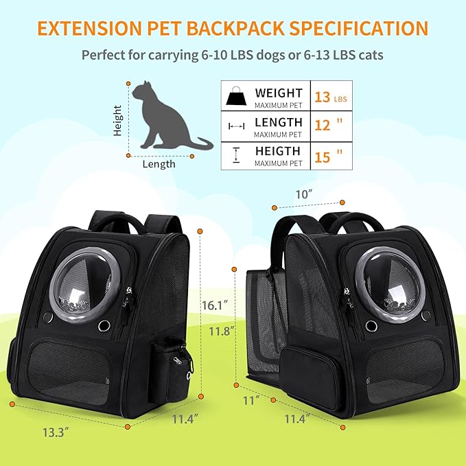 Dogs Backpack Carrier, Expandable Cat Carrier Backpack,Breathable Bubble Pet Backpack for Cat,Kitten and Small Puppy, Large Space,Portable Bags Foldable Cat Backpack for Traveling,Hiking(Black)