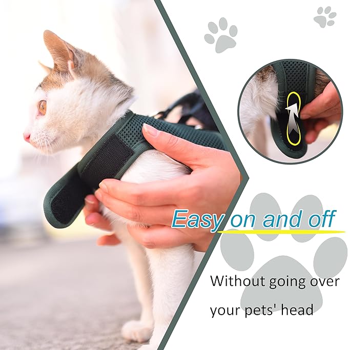 Cat Harness and Leash for Walking Escape Proof Breathable Mesh Fabric, Solid Green, XX-Large, Adjustable Cat Walking Jackets, Padded Stylish Cat Vest