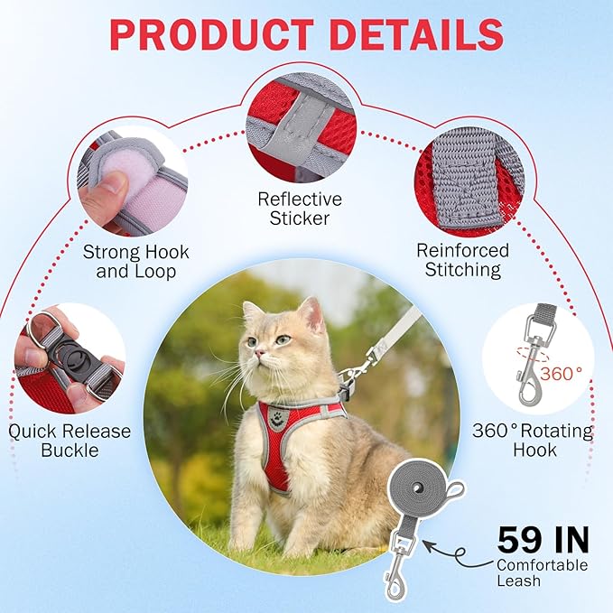 SCENEREAL Cat Harness and Leash Set Escape Proof, Adjustable Soft Air Mesh Kitten Harnesses for Girls Boys Small Medium Big Cats, Reflective Light Travel Pet Walking Vest for Puppy Rabbit, Red S