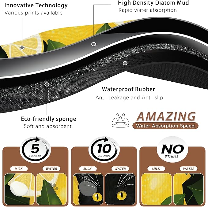 Black Cat Funny Dog Food Mat for Floors,Lemon Absorbent Pet Food and Water Bowl Mats,Non-Slip Pet Feeding Mat,Pet Supplies 16" x 24"