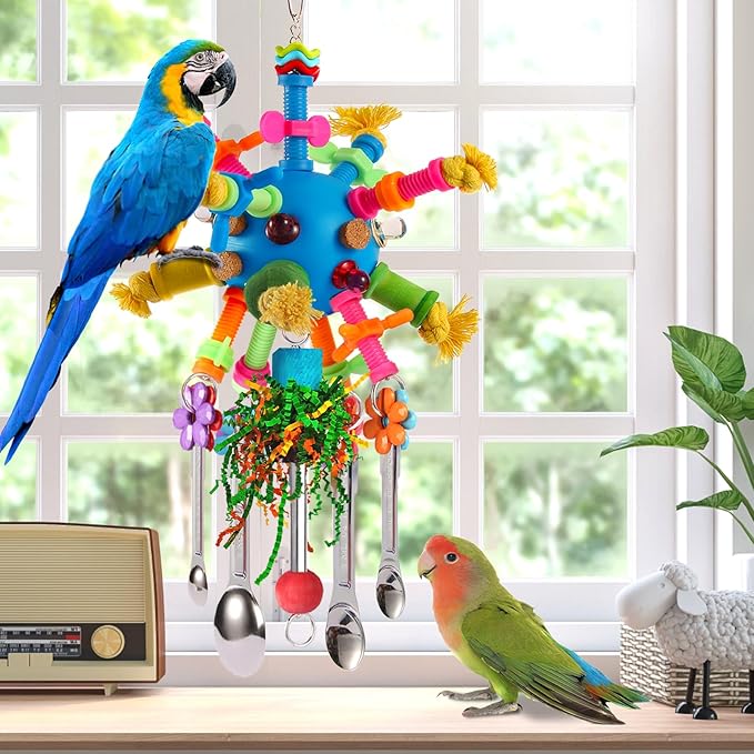 Parrot Toys Bird Toys Perch Pullable Stainless Steel Spoons Colorful Acrylic Stick Chew Toys for Amazons Mini Macaws African Greys Cockatoos Conures, Cockatiels, Lovebirds, Parrotlets and Other (blue)