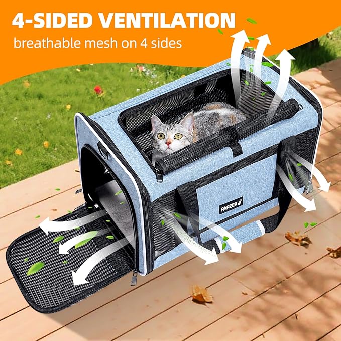 Cat Carrier Soft-Sided Travel Bag for Medium to Large Cats Over 15lbs, Small Dog Carrier Crate Top Entry Breathable Mesh Puppy 12 Pounds, Pet Rabbit Carrying Cage Kennel Collapsible Blue