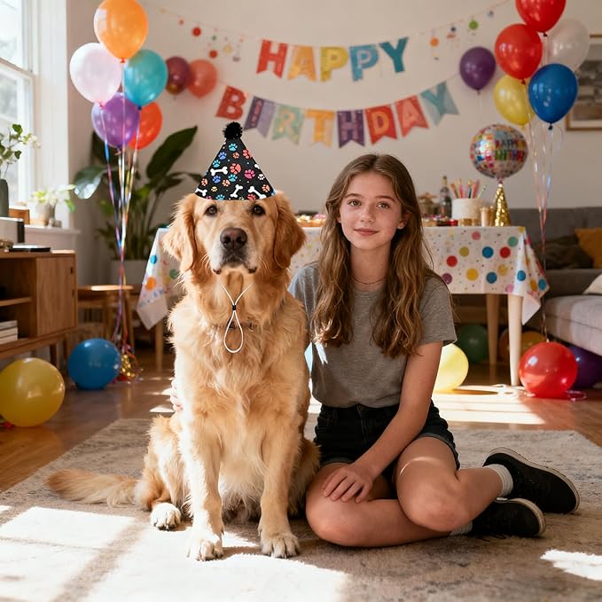 6pcs Dog Birthday Party Hats Felt for Large XL XXL Giant Breed Dogs Paw Bone Print with Pompons for Holiday Birthday Wedding Costume Head Wear Accessories
