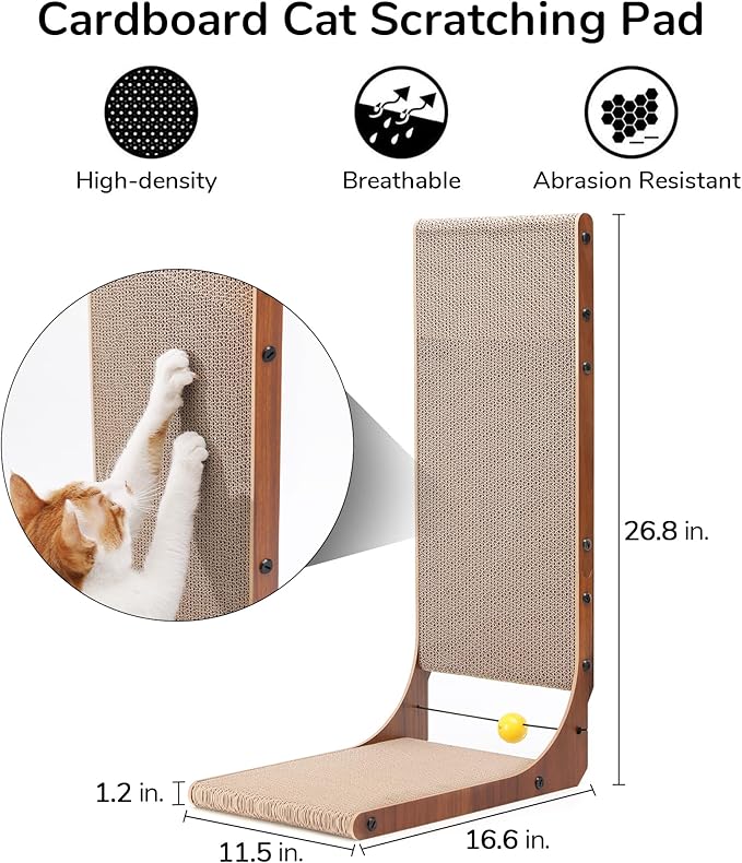 FUKUMARU Cat Scratcher, 26.8 Inch Cat Scratch Pad for Indoor Cats, L Shaped Cardboard Vertical Cats Scratching Board with Ball Toy, Walnut Color, 1 Pack