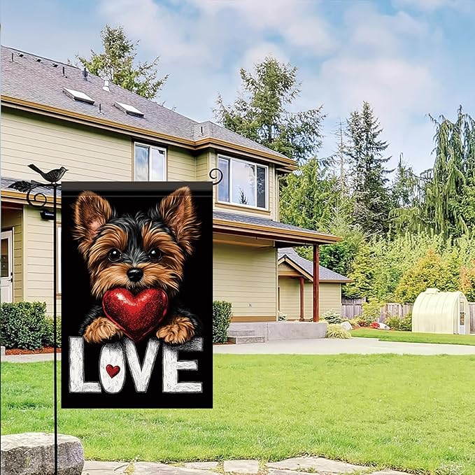 Cute Kasha Dog Garden Flag Holding Red Heart Love Sign Double Sided Yard Banner 12x18 Inch Romantic Outdoor Decoration for Lawn Patio Dog Lover Gift Valentine Anniversary Seasonal Flag