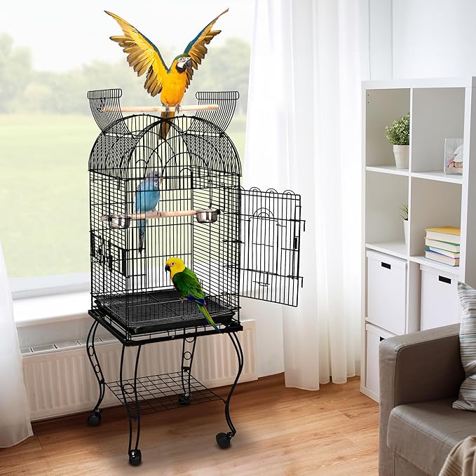 SUPER DEAL 63.5'' Rolling Bird Cage Large Wrought Iron Cage for Cockatiel Sun Conure Parakeet Finch Budgie Lovebird Canary Medium Pet House with Rolling Stand & Storage Shelf