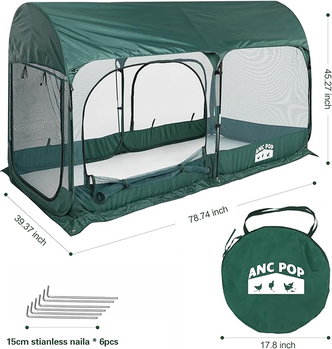 Portable Chicken Run Large Pop-Up Chicken Pen for Small Animals Outdoor Gardening Net with 3 Doors and Handbag, Easy to Install and Storage, Green