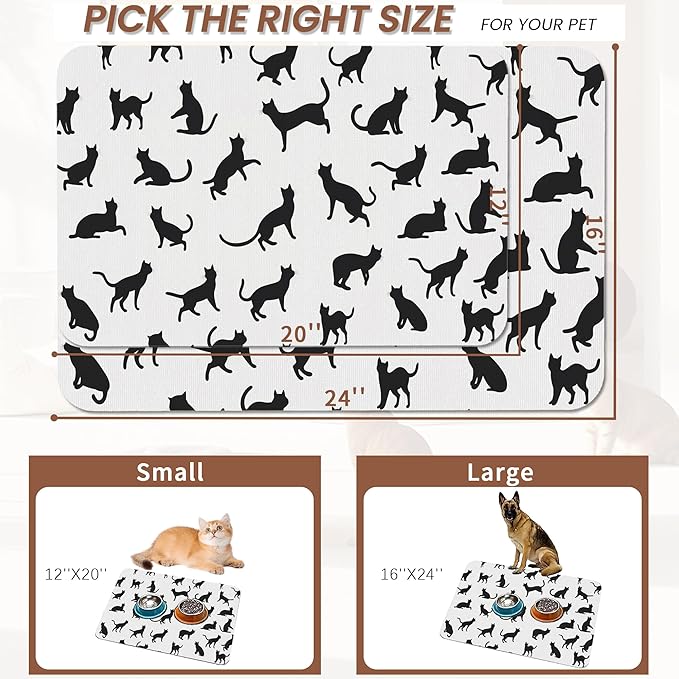 Funny Black Cat Dog Food Mat,Absorbent Pet Feeding Mat with Rubber Backing,Non-Slip Water Bowl Placemat,Indoor Pet Accessories Supplies 16"x24"
