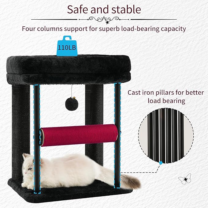 Hey-brother Cat Tree, Cat Scratching Posts with Bed, Sturdy Tower with Fully Sisal-Wrapped Columns and Plush Toy Ball for Indoor Kittens, 18.9 inches, Black and Red MPJ010SBR