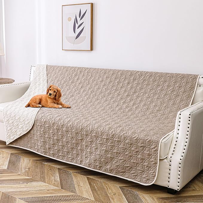 Waterproof Couch Cover for Dogs Washable, Reversible Dog Bed Blanket Pet Sofa Furniture Protector(68x82 Inch, Cream+Khaki)
