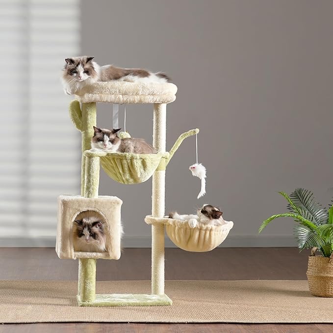 Heybly Cat Tree, 39.4 Inches Tower Condo with Scratching Post, Cat Tower for Indoor Cats, Fully Wrapped Sisal Pole, Soft Platform, 2 Baskets and Dangling Toy, Green and Beige HCT006SGM