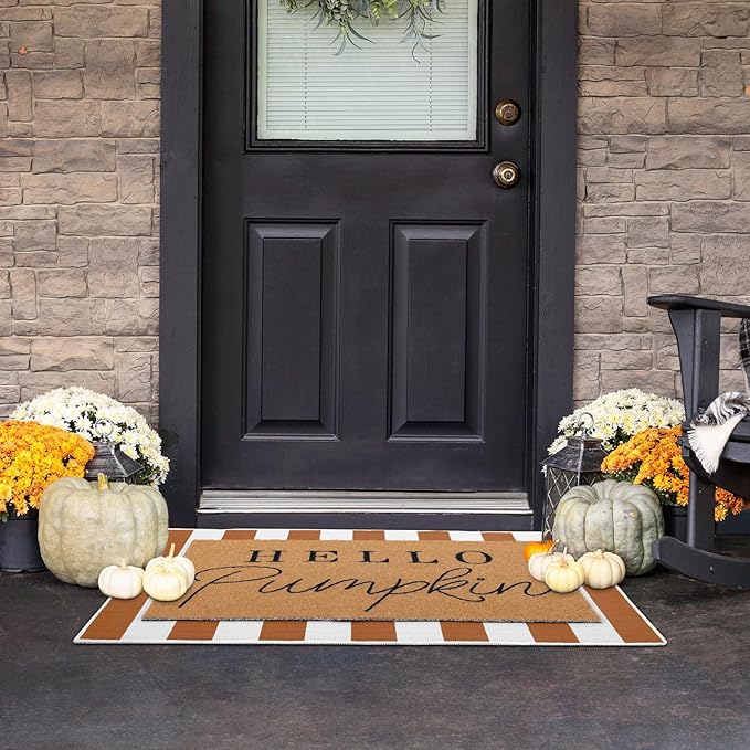 Tinideya 2 Pcs Fall Door Mat Thanksgiving Hello Pumpkin Welcome Non Slip Coir Mats White Orange Buffalo Plaid Floor Layering Doormats Seasonal for Front Porch Entryway Decor(Orange White)
