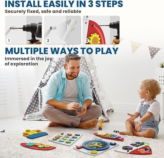 BlueWood Wooden Wall Busy Board Panels, Toddler Learning Activity Center, Montessori Philosophy Sensory, Educational Toys, Conducive to All-Round Development - Rocket
