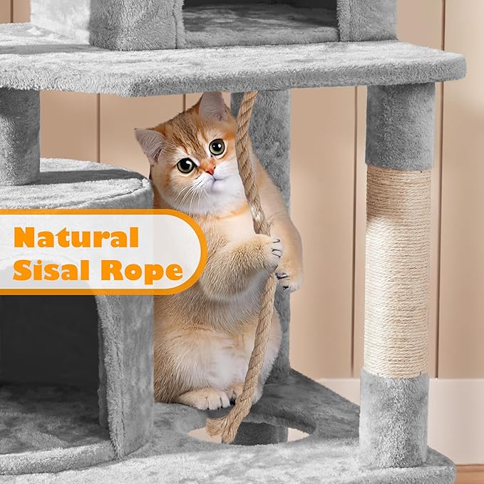 Yaheetech Cat Tree Tower, 70.5in Multi Level Cat Tree Kitten Condo with 2 Condos & 2 Plush Perches & Scratching Post & Dangling Ball, Cat Tower Furniture for Play & Rest Light Gray