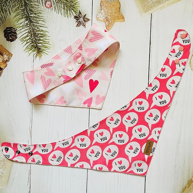 Valentines Dog Bandanas with Snap Button - 2 Pack Reversible Heart Dog Scarf for Boy & Girl, Premium Durable Fabric, Pet Bandana for Medium and Large Dogs (Large)