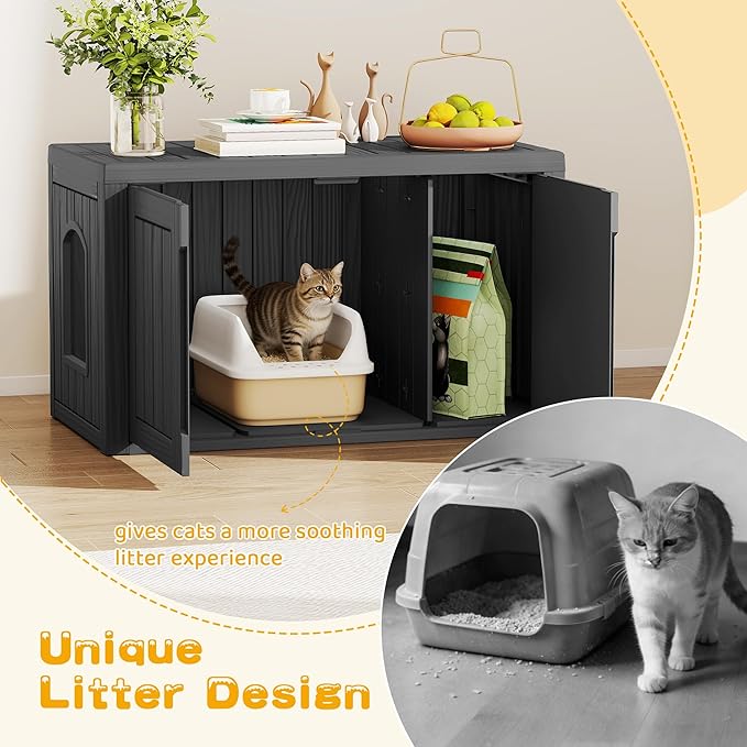 Cat Litter Box Enclosure, Multi-Functional Hidden Enclosed Litter Box Furniture with Adjustable Partition, Indoor Outdoor Cat House Weatherproof, Side Table, Easy to Clean & Assemble, Black