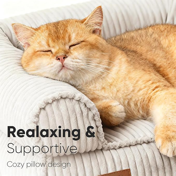 FUKUMARU Dog Couch Bed, Corduroy Cozy Cat Bed for Indoor Cats with Washable Cover, 28in Waterproof Orthopedic Dog Beds Sofa for Small Dogs and Large Cats, Cute Warm Cotton Pet Sofa, Cream