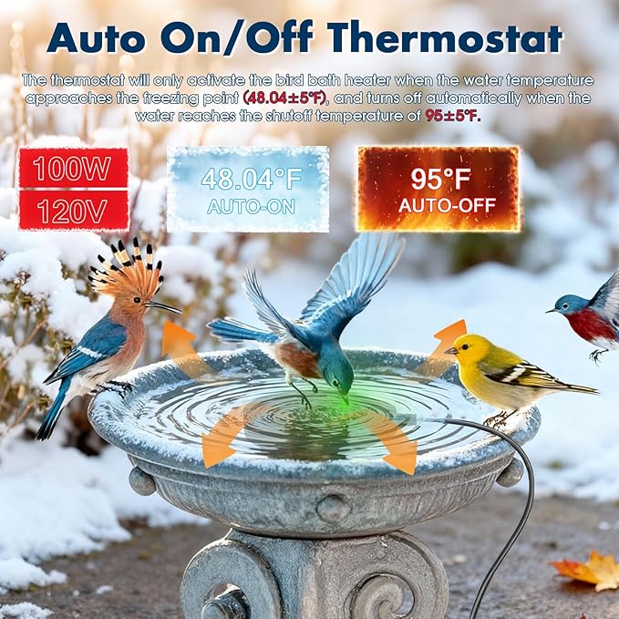 2 Pack Outdoors 100W Bird Bath Heater for Winter,Birdbath Deicer Pond De-icer Thermostatically Controlled Birdbaths Water Heater with 5.9 Ft Power Cord and Working Indicator Light