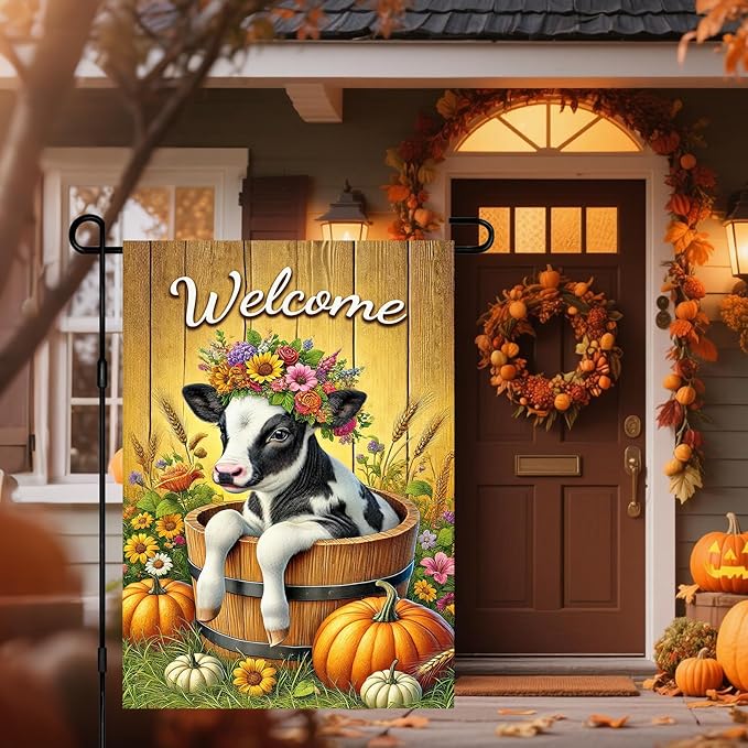Fall Garden Flag Welcome Calf Animal Garden Flag Farm 12x18 Inch Double Sided Outdoor Decoration for Fall Season Yard Porch Lawn Display Cute Flower Cow Banner Autumn Harvest