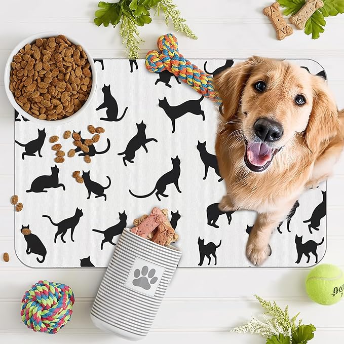 Funny Black Cat Dog Food Mat,Absorbent Pet Feeding Mat with Rubber Backing,Non-Slip Water Bowl Placemat,Indoor Pet Accessories Supplies 16"x24"