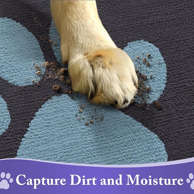 Buganda Dog Door Mat for Muddy Paws, Absorbent Dirt Trapper Non Slip Indoor Doormats, Washable Low-Profile Mat for Mud Dogs, Entryway Carpet for Inside Floor (30x20 Inches, Dark Grey and Blue)