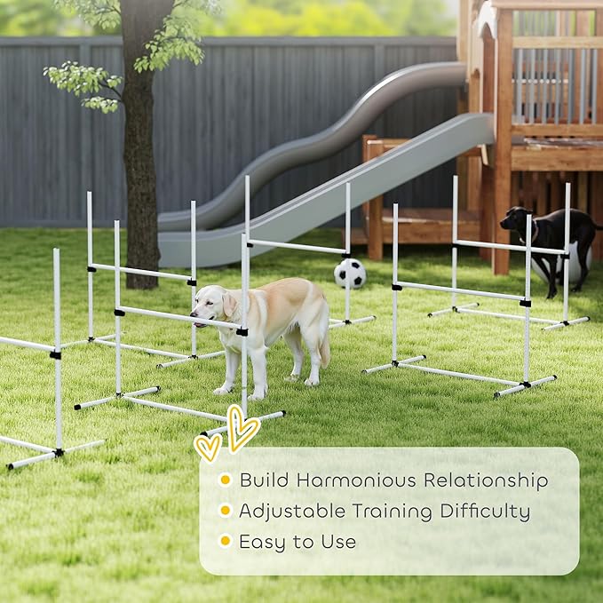 PawHut 6 Piece Dog Agility Training Equipment for Dog Agility Course with Adjustable Height Jump Bars, Included Carry Bag, & Displacing Top Bar, White