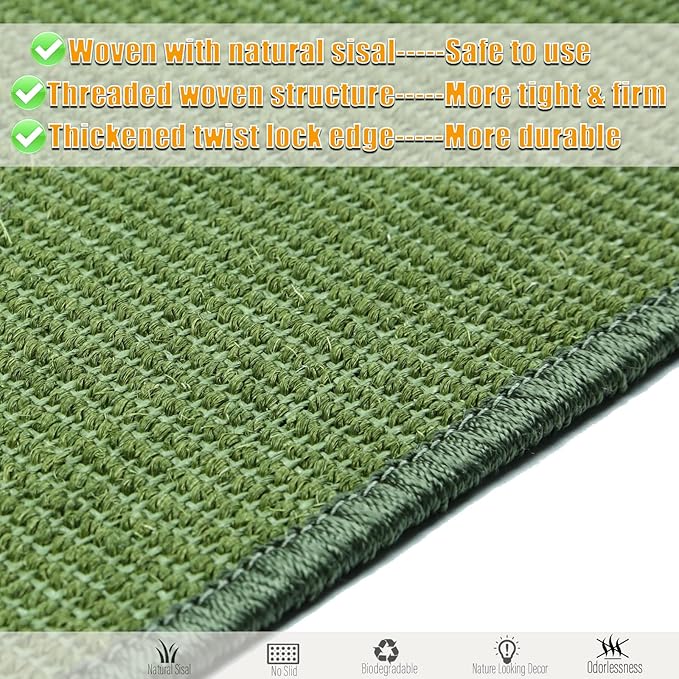 Cat Scratcher Mat, 23.6x15.7inch Natural Sisal Cat Scratchers for Indoor Cats with Velcro,Stick on Floor Cat Wall Scratcher,Horizontal Cat Scratch Mat Protect Furniture (Green Color)
