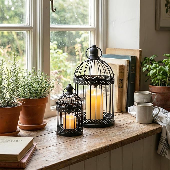 VELA LANTERNS Bird Cage Decor Candle Holder Lantern Decorative Table Centerpiece Halloween Decorations, 10" and 6" Tall, Black, Set of 2