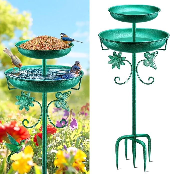 Daoeny Bird Bath for Outside, 42In Vintage Freestanding Birdbaths for Outdoors, Double Metal Bird Bath Feeder Bowls for Garden Patio Yard Lawn Decor, Upgraded 5-Pronged Base (Green)