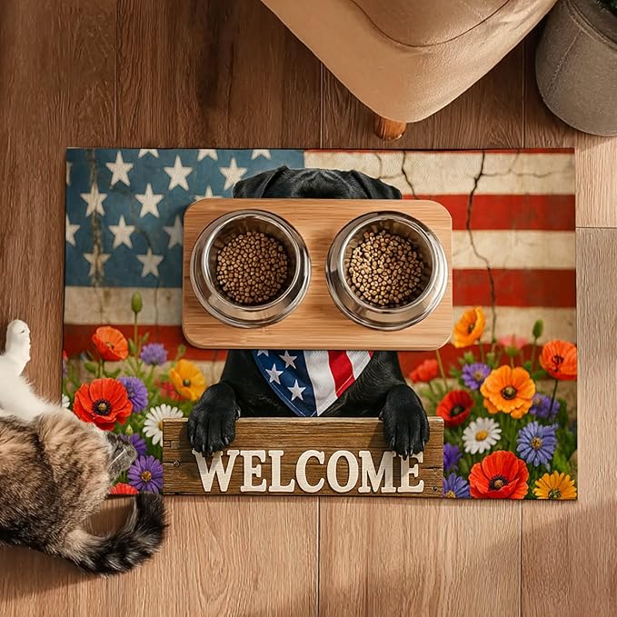 Patriotic 4th of July Flag Dog Pet Food Mat Independence Day Spill-Proof Pet Feeding Mat USA Welcome Dog Bowl Mats Pets Placemat Cat Food Mats for Home Decor 24" x 16"