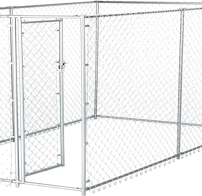 Lucky Dog Heavy Duty Outdoor Galvanized Chain Link Dog Kennel Enclosure with Latching Door, 1.5 Inch Raised Legs, and Adjustable Configuration, Silver