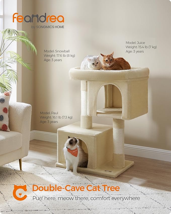 Feandrea Cat Tree, 40.6-Inch Cat Tower, Plush Condo for Extra Large Cats up to 44 lb, Large Perch, 2 Caves, Scratching Post, Beige UPCT614M01