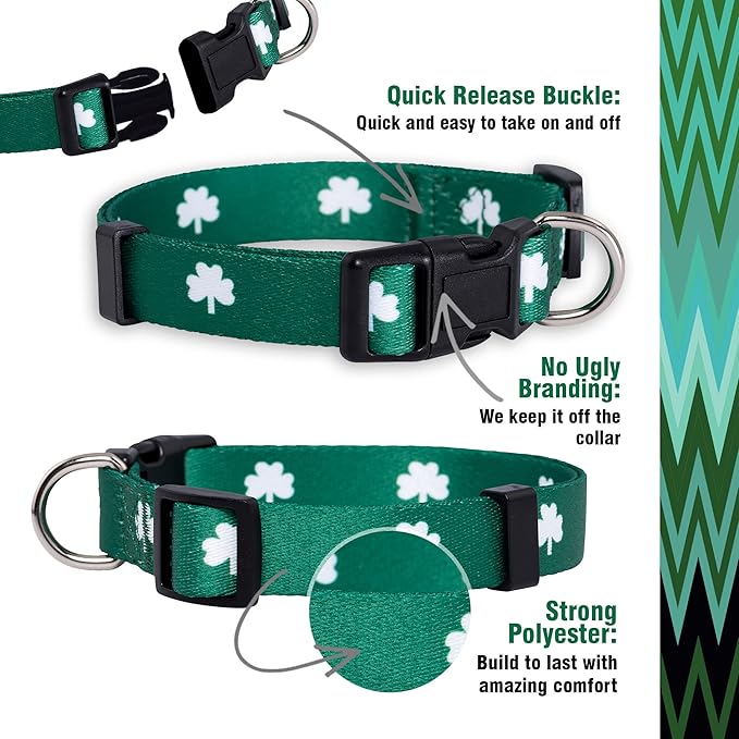 Native Pup St Patricks Dog Collar- Saint Patrick Green Shamrock Pet Collars- St. Patrick’s Lucky Irish- Cute Boy Girl Puppy Gift- Adjustable for Small, Medium, Large Breeds (Shamrock, Large)