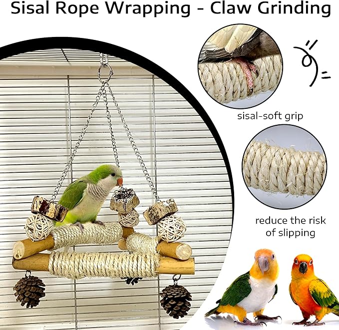 Large Bird Swing for Cage with Chew Toys, 3 Sisal-Wrapped Bird Perches & Stable Triangle Design, Wooden Hanging Quaker Toy Swing for Medium-Sized Bird Cockatiel Ring-Necked Caique Balance Training (L)