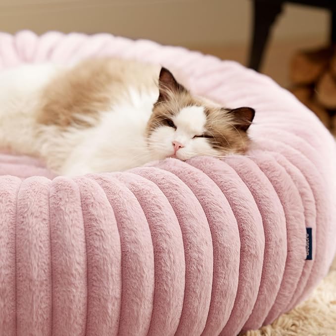 Bedsure ComfyFleece™ Cat beds for Indoor Cats - Donut Dog Beds for Small Dogs with Corduroy Fleece & Anti Slip Bottom, Faux Fur Pet Beds with Washable Removable Cover, Blush Pink, 20x20x6 inches