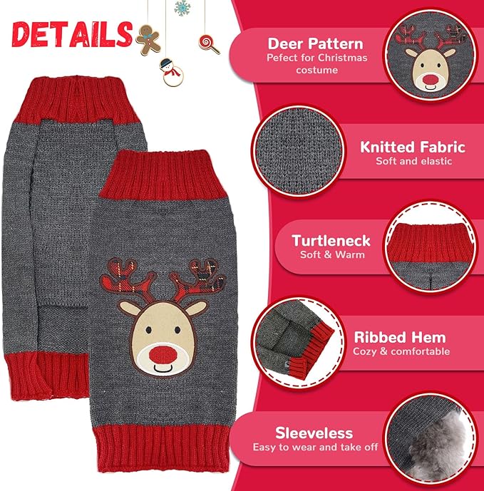 Dog Christmas Sweater Xmas Pet Clothes Cute Gray Reindeer Holiday Puppy Cat Costume New Year Gifts for Small Medium Large Dogs Jumpers (XS, Gray Reindeer)