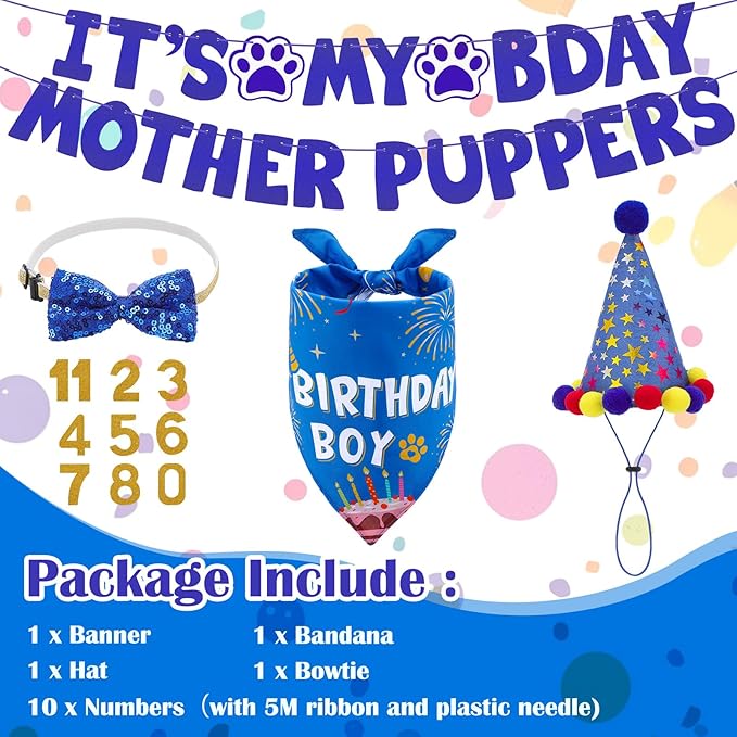 Dog Birthday Decorations, Dog Birthday Hat with Numbers Bandana Bow Tie It’s My Bday Mother Puppers Banner for Small Medium Large Dogs Pets Supplies(Blue)