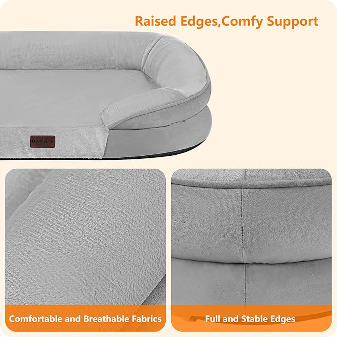 Dwanton Orthopedic Dog Bed for Medium Dogs with Gel Memory Foam, Waterproof Dog Sofa, Washable Pet Bed with Four Sided Bolster Cushion, Removable Cover & Non-Slip Bottom, 35", Light Gray