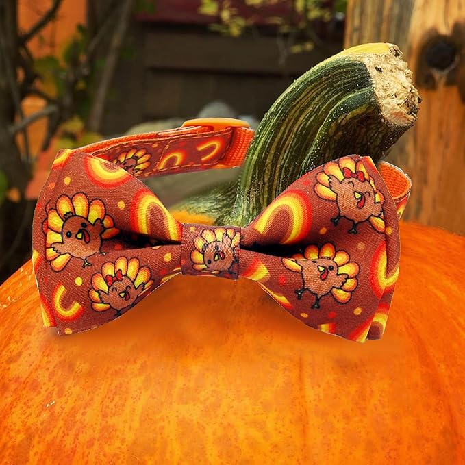Thanksgiving Dog Collar with Bow Tie Set, Holiday Turkey Pattern Pet Collar for Small Medium Large Dogs, Cute Adjustable Puppy Collar with Quick Release Buckle