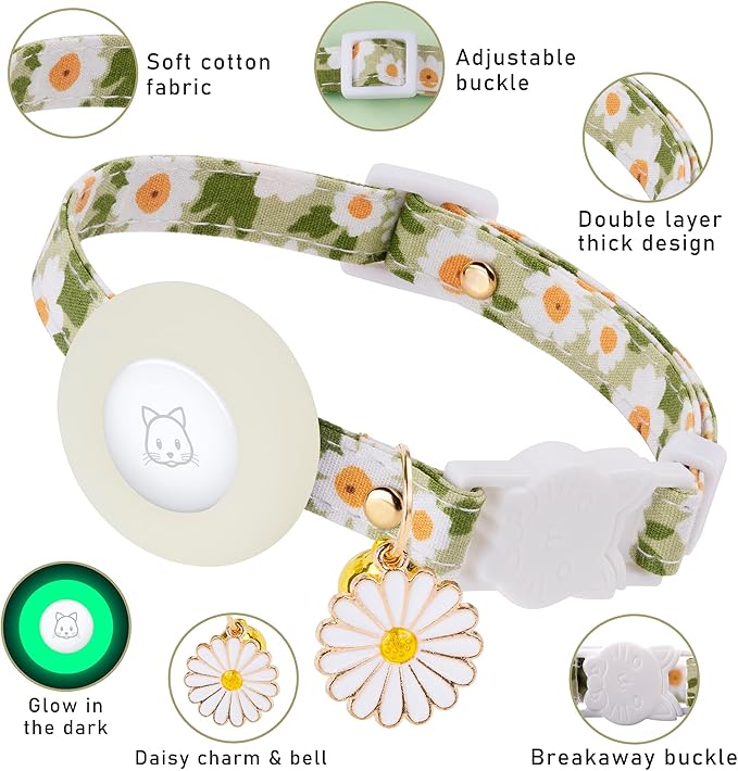 Airtag Cat Collar, JXFUKAL Kitten Collar Breakaway with Silicone Airtag Holder, Bells & Flower Charm for Girl Cats Boy Cats Small Dogs(Luminous Green)