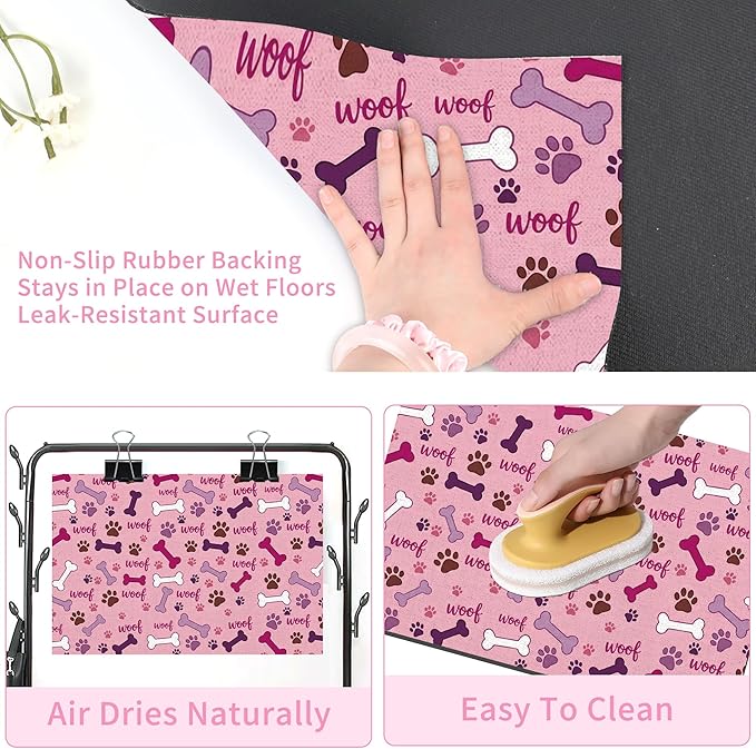 Dog Feeding Mat 20 x 12 Inch, Pink Paw Bone Woof Dog Placemat Absorbent Quick-Dry for Food and Water, Waterproof Non Slip Rubber Pet Bowl Pad Mat for Floors