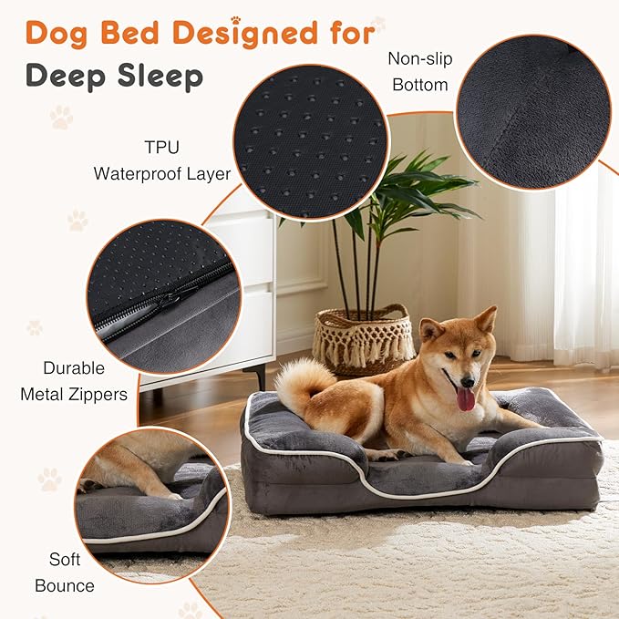 Sweetcrispy Orthopedic Dog Bed, Large Memory Foam Puppy Cat Bed with Washable Waterproof Removable Cover & Non-Slip Bottom for Pet Calming Sleeping (35"x25", Gery)