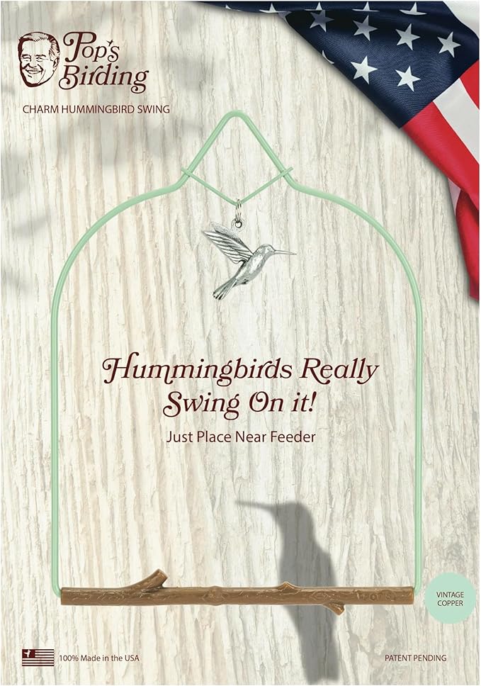 Pop's Birding Hummingbird Swing, USA Made Original Charm Humming Bird Swing for Outdoor, Vintage Copper, 1ct