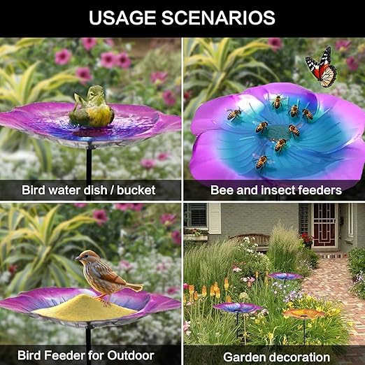 Bee Watering Station 1 Pack - Bird Bath Butterfly Cups with Flower Design, Weather-Resistant Metal Stakes Outdoor Garden Yard Decor(Purple-A)