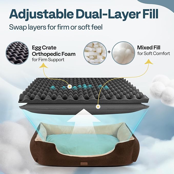 Orthopedic Dog Bed for Extra Large Dogs with Removable Washable Cover - XL Dog Couch Sofa with Waterproof Lining & Non-Slip Base, Double-Sided Comfort Pet Bed 44", Brown