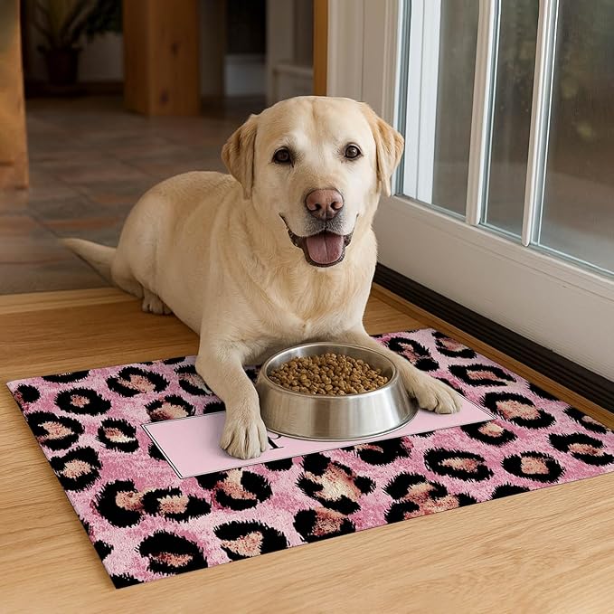 Puppy Feeding Mat 20x12 inch Pink Leopard Print Dog Bowl Placemat Non Slip Mat for Pet Food and Water Small Dogs Indoor Feeding Station Puppy Pet Placemat for Kitchen and Dining
