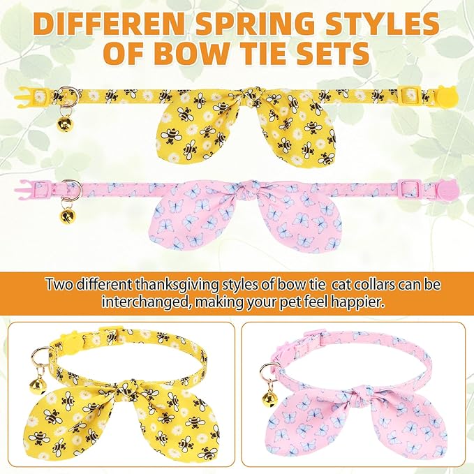 KOOLTAIL Spring Cat Collar Breakaway with Bowtie and Bells, 2 Pack Cute Kitten Collars, Butterfly & Bee Design with Safety Buckle Adjustable for Small Large Cats Boys & Girls