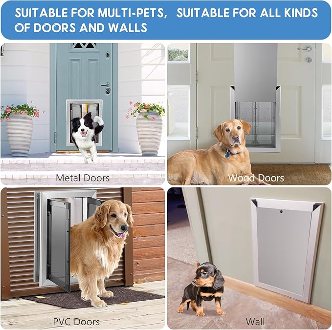 Large Dog Door, Weatherproof Aluminum Dog Door with Automatic Closing Double Panels Easy to Install Pet Door for Large Dogs and Cats, Closing Panel Included