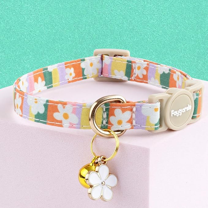 Faygarsle 2 Pack Striped Plaid Floral Pattern Cat Collars Breakaway Safety Collar with Bell Spring Summer Design for Girl Cats,Yellow Multicolor